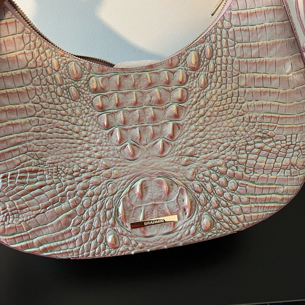 Brahmin Iridescent Pink Croc-Embossed Hobo Bag